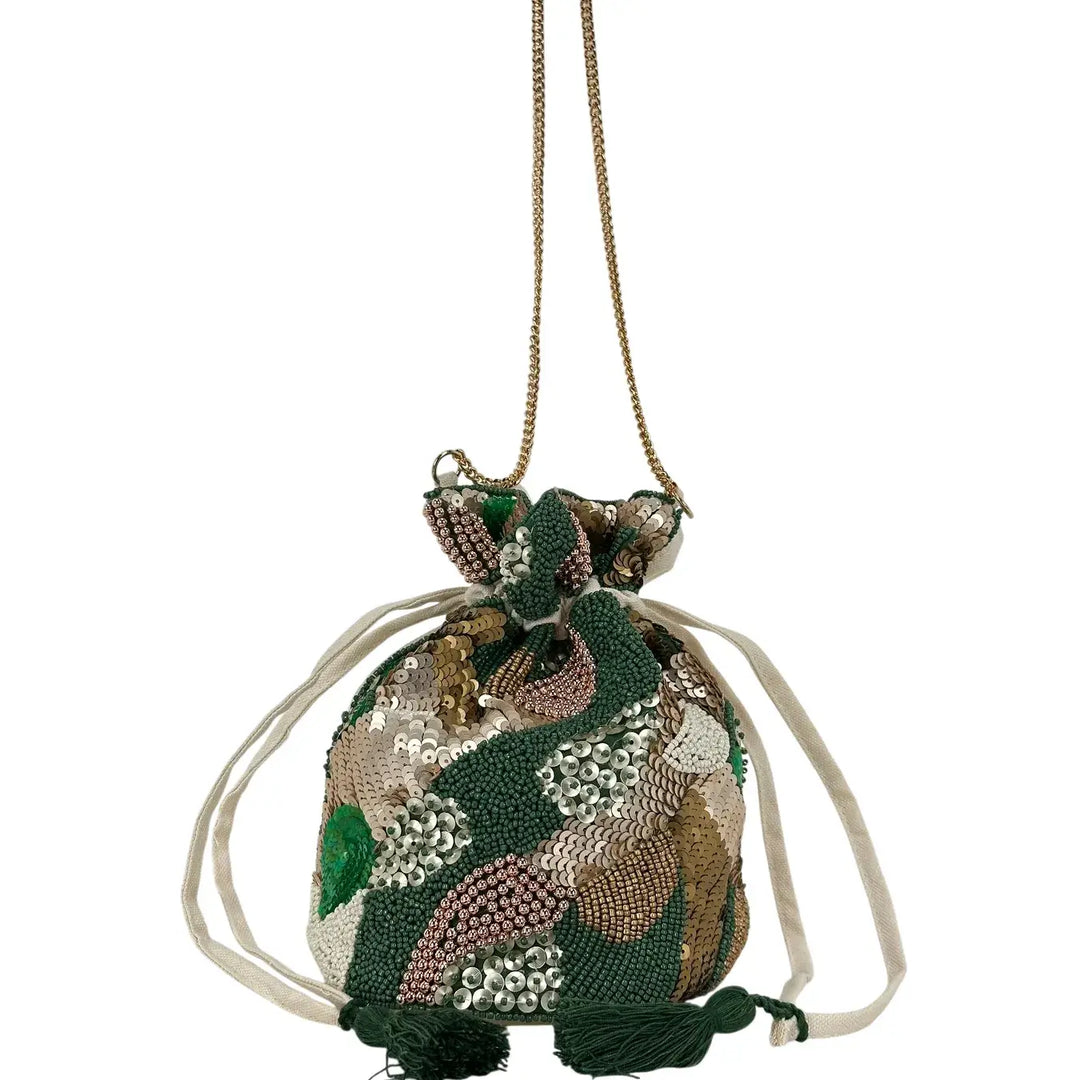 Bassini Borsa Donna Mini Secchiello in Cordura con Perline Verde e Tracolla a Catena Oro