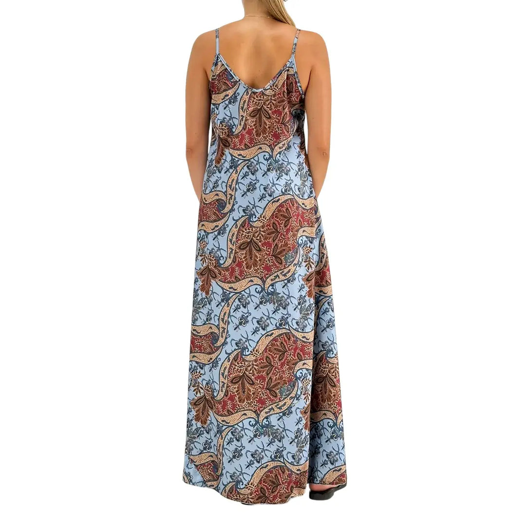 Bassini Women's Celestial Blue Long Slip Dress with Damask Print and Straps