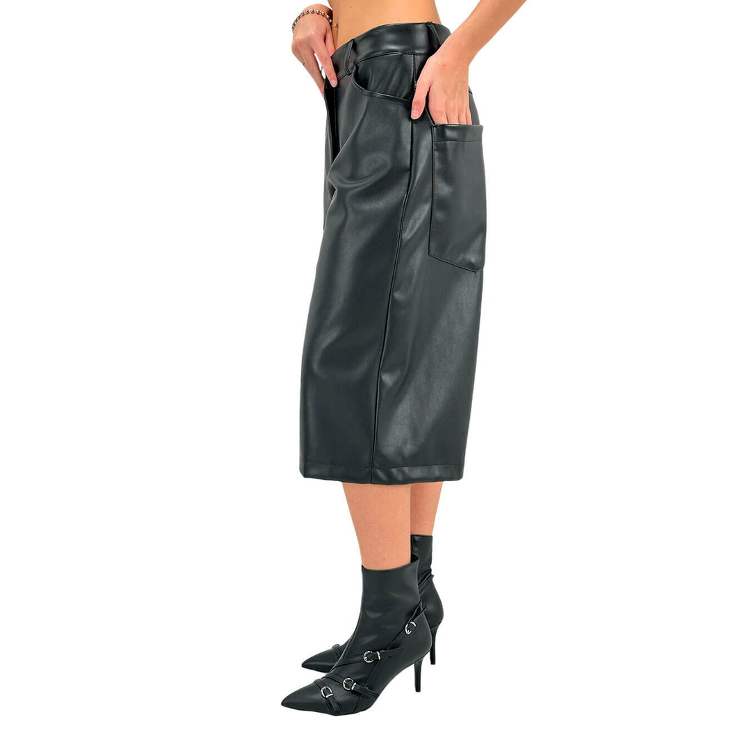 Tension In Women's Pants, Flared Bermuda, Faux Leather, Black