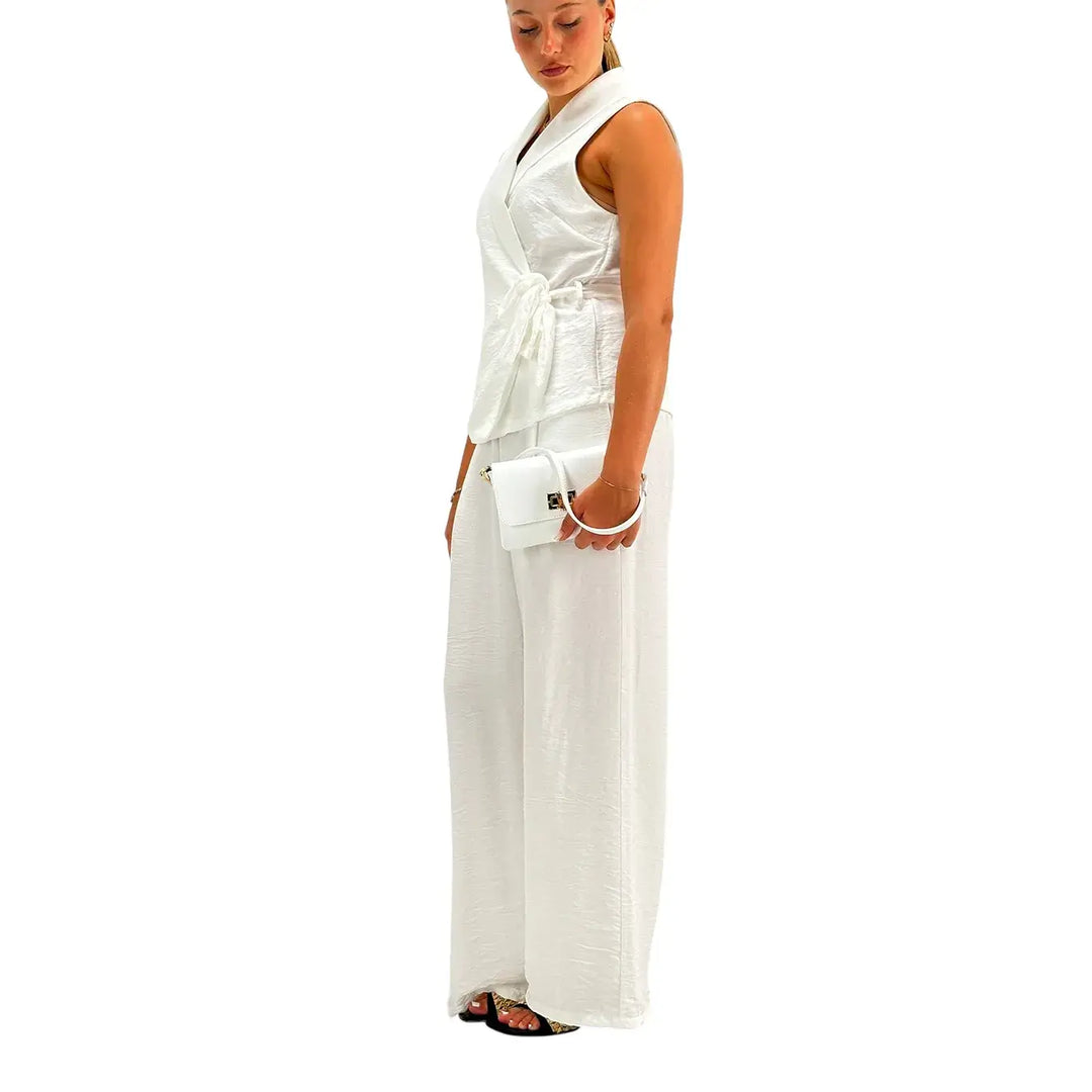 Bassini Coordinato Donna Bianco con Gilet Smanicato, Fiocco Laterale e Pantaloni Palazzo