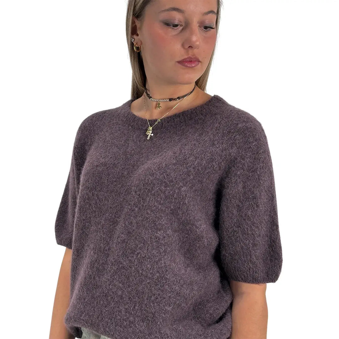 Bassini Maglia Donna Cioccolato Girocollo Oversize con Maniche Corte Raglan e Orlo a Costine