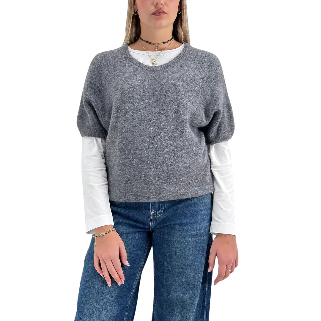 Bassini Maglia Donna Grigia Girocollo Oversize con Maniche Corte Raglan e Orlo a Costine