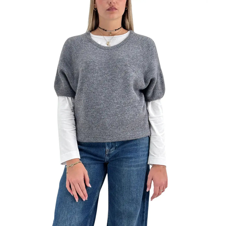 Bassini Maglia Donna Grigia Girocollo Oversize con Maniche Corte Raglan e Orlo a Costine