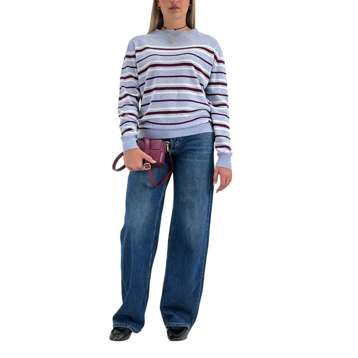 Bassini Maglia Donna Celeste a Righe Borgogna e Bianco Girocollo Oversize