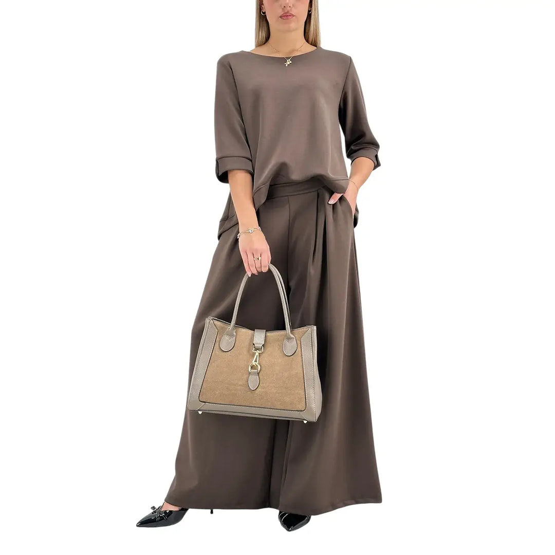 Bassini Pantaloni Donna Cioccolato in Felpa Palazzo Over con Pince ed Elastico in Vita