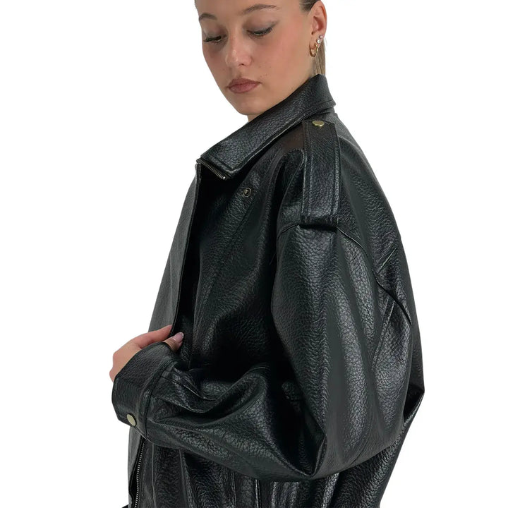 Bassini Bomber Donna Nero Oversize in Ecopelle Effetto Dollaro con Zip e Cintura in Vita