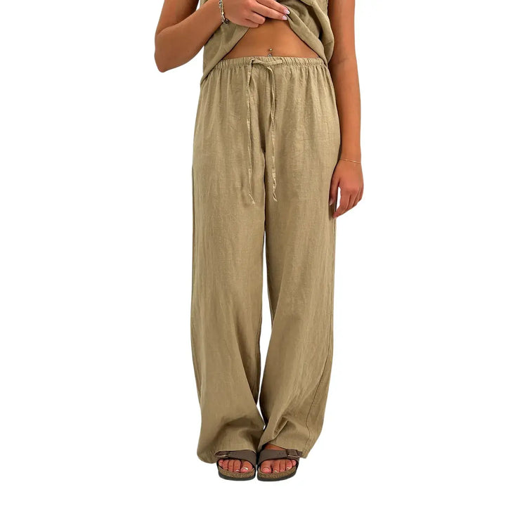 Bassini Pantaloni Donna Fango Palazzo in Lino e Cotone con Coulisse in Vita