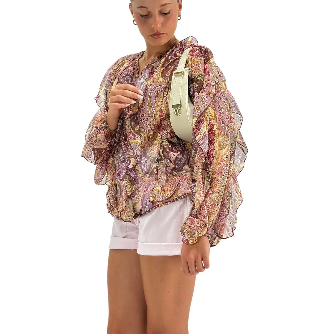 Bassini Blusa Donna Cipria con Fantasia Damascata, Ruches e Bottoncini Frontali