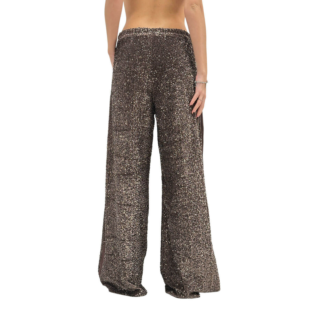 Motel Pantaloni Donna, Full Paillettes e Lurex, Fondo Largo, Marrone