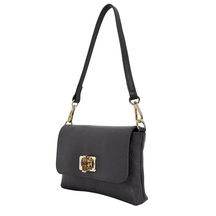 Bassini Borsa Donna Mini in Pelle Cioccolato con Pattina Girello Bambù e Tracolle Rimovibili