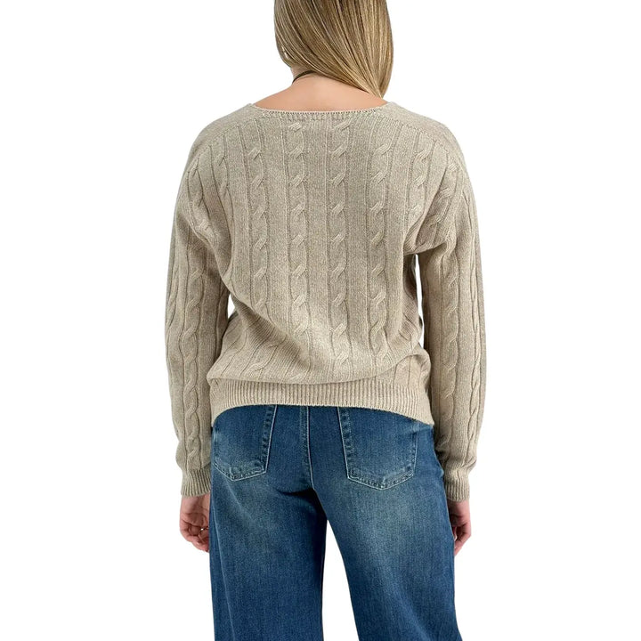 Bassini Maglia Donna Cammello a Treccia con Scollo a V e Maniche Raglan Oversize