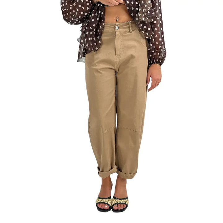Motel Pantaloni Donna Avena Barrel Fit in Cotone con Risvolto sul Fondo