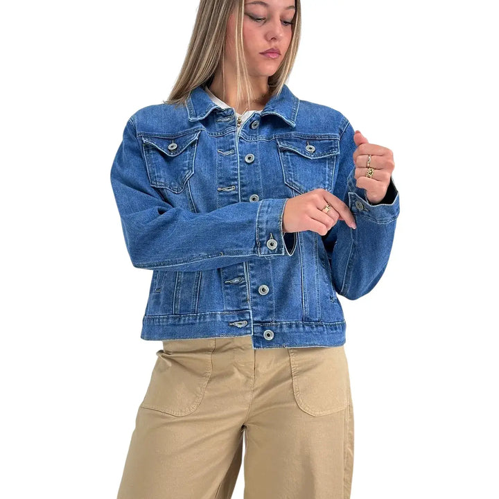 Bassini Giubbotto Donna Blu Medio Trucker in Denim di Cotone Elasticizzato
