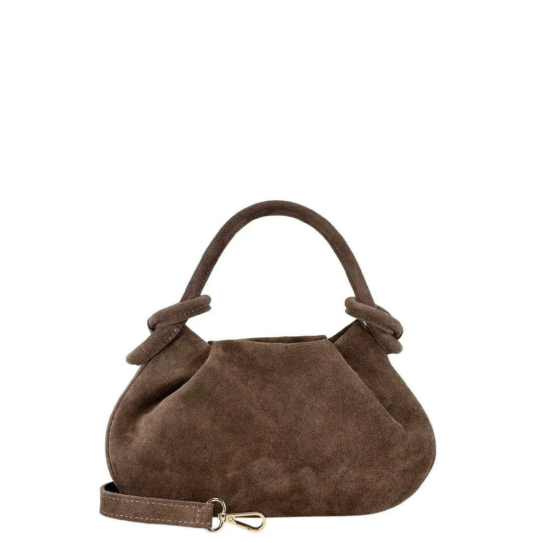 Bassini Borsa Donna Pasticcino in Pelle Scamosciata Taupe con Doppi Manici e Tracolla Rimovibile