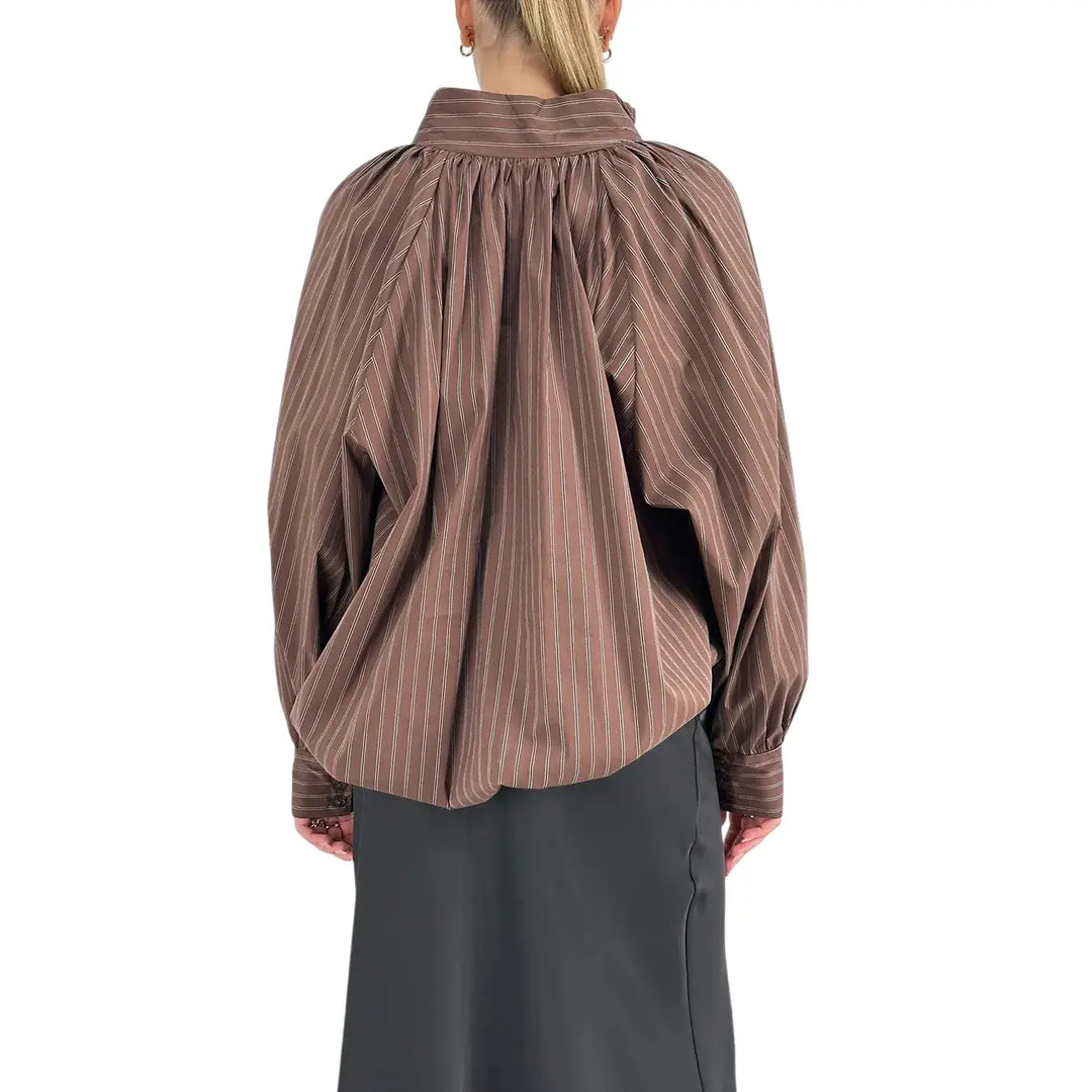 Bassini Camicia Donna Cioccolato a Righe Marrone Scuro Oversize con Coulisse e Collo alla Coreana