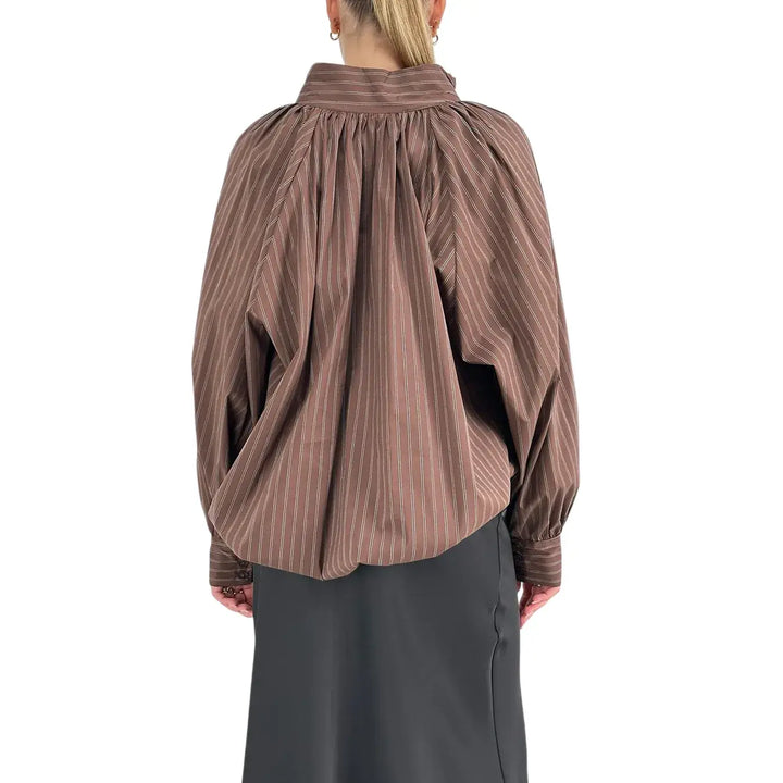 Bassini Camicia Donna Cioccolato a Righe Marrone Scuro Oversize con Coulisse e Collo alla Coreana