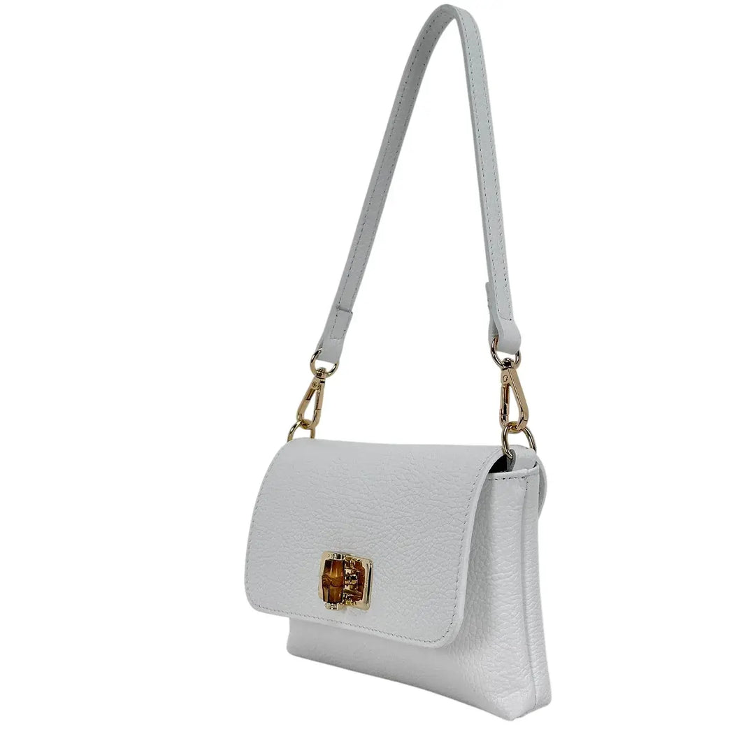 Bassini Borsa Donna Mini in Pelle Bianca con Pattina Girello Bambù e Tracolle Rimovibili