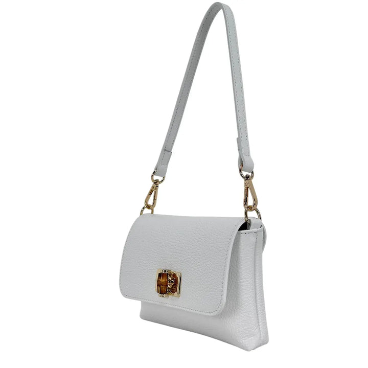 Bassini Borsa Donna Mini in Pelle Bianca con Pattina Girello Bambù e Tracolle Rimovibili