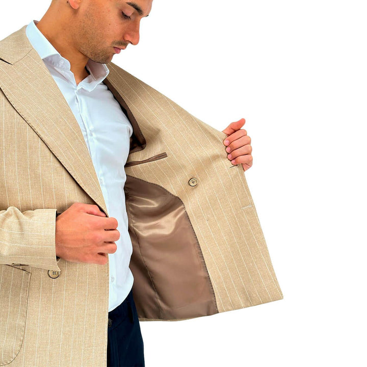 Edd Giacca Cerigotto Uomo, Doppio Petto, Tessuto Gessato, Beige - BassiniBoutique.it