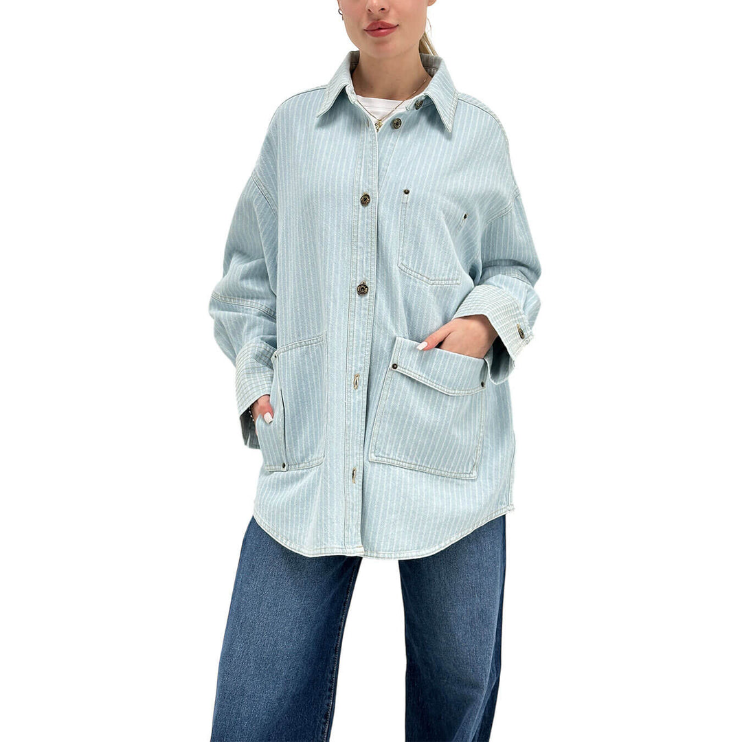 Oof Wear Camicia Donna, Denim Gessato, Cotone, Celeste