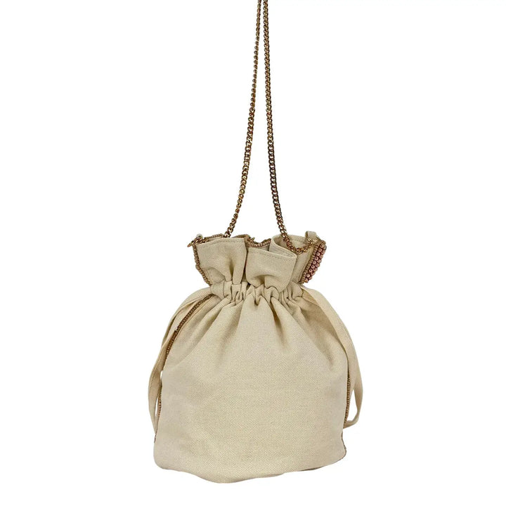 Bassini Borsa Donna Mini Secchiello in Cordura con Perline Oro e Tracolla a Catena Oro