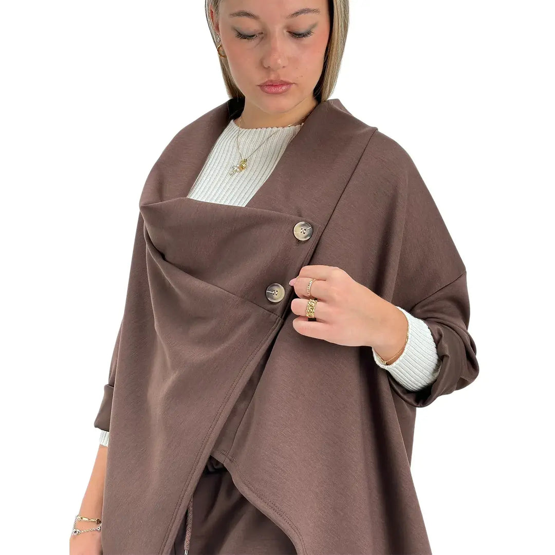 Bassini Giacca Donna Cioccolato in Felpa Over Asimmetrica a Due Bottoni con Maniche Raglan