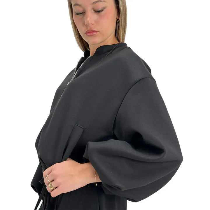 Bassini Giacchetto Donna Nero in Felpa con Zip, Maniche a Sbuffo e Tasche Laterali