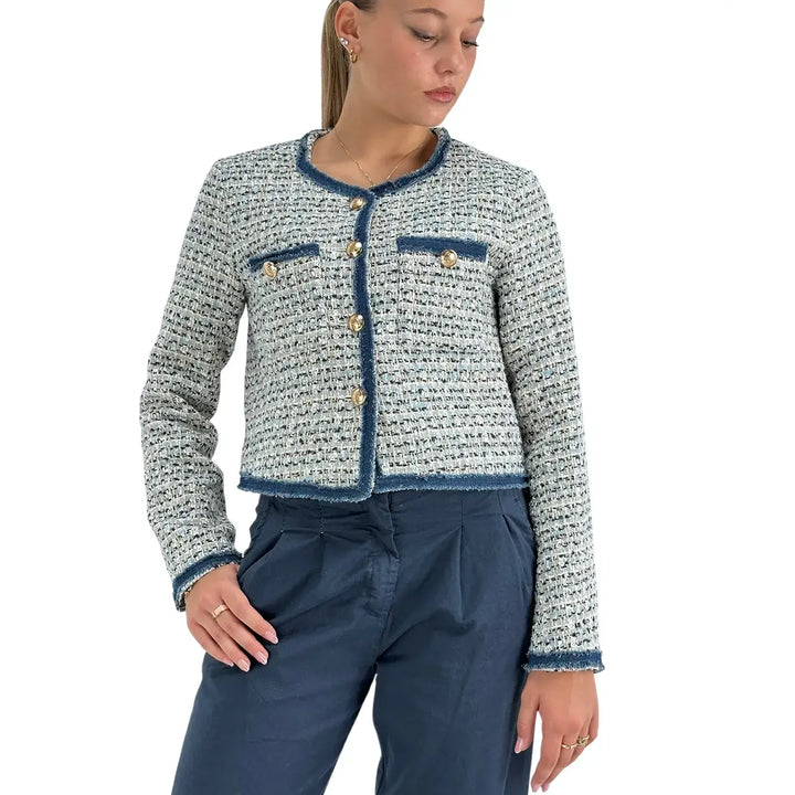 Bassini Giacca Donna Blu Modello Rebecca in Tweed con Bottoni Color Oro