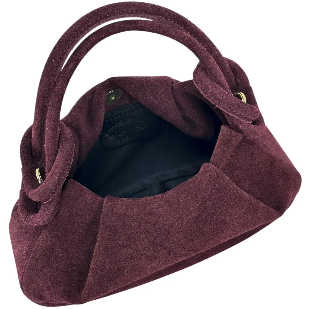 Bassini Borsa Donna Pasticcino in Pelle Scamosciata Burgundi con Doppi Manici e Tracolla Rimovibile
