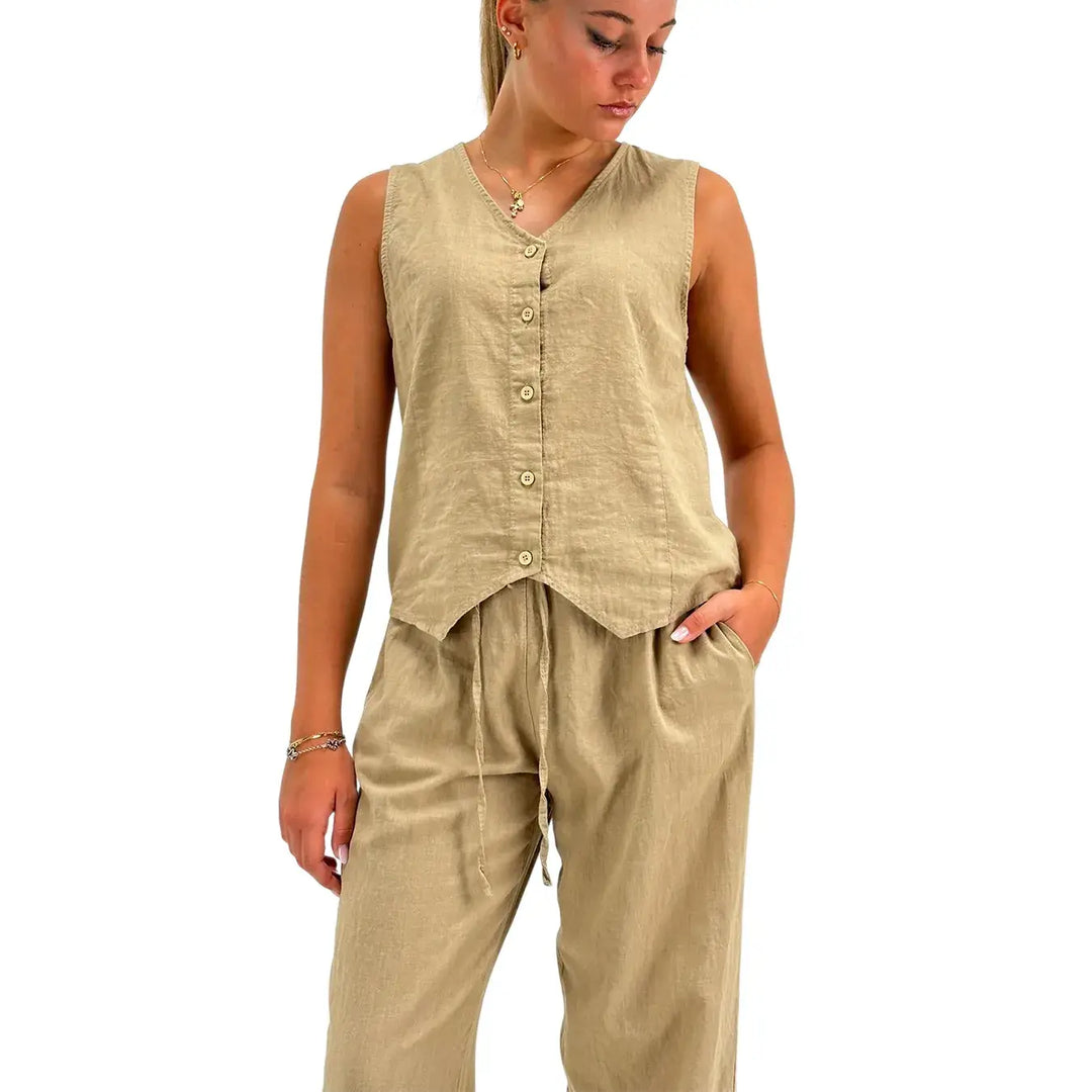 Bassini Camicia Donna Fango Smanicata in Lino e Cotone con Bottoni e Collo a V
