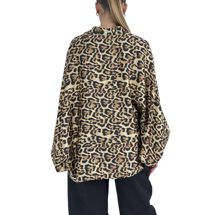Bassini Camicia Donna Maculata Oversize con Maniche a Pipistrello e Collo alla Coreana