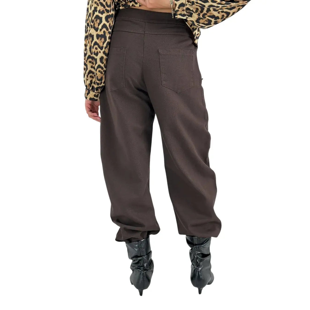 Bassini Pantaloni Donna Banana Cioccolato in Bull di Cotone Oversize a Cinque Tasche