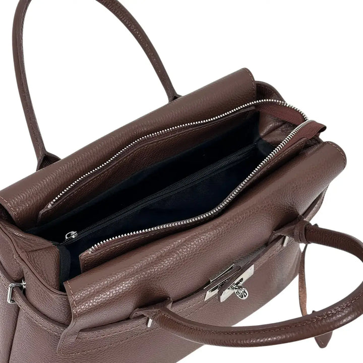 Bassini Borsa Donna in Pelle Castagna con Doppi Manici, Tracolla Rimovibile e Chiusura con Zip