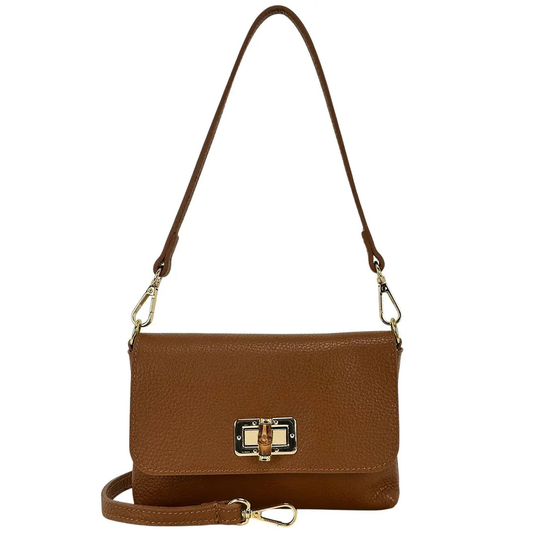 Bassini Borsa Donna Piccola in Pelle Marrone con Tracolla Rimovibile e Chiusura Girello Bambù