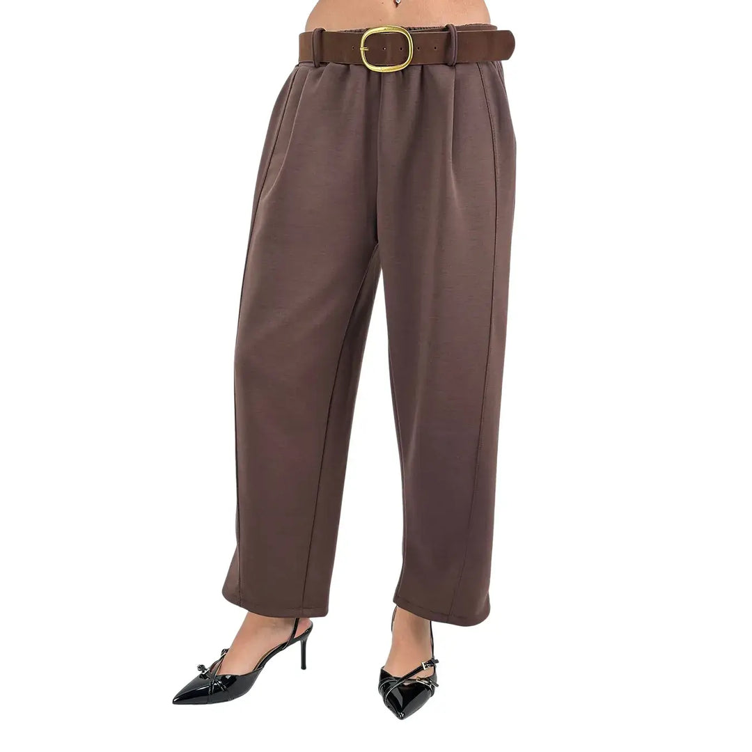 Bassini Pantaloni Donna Cioccolato in Felpa con Coulisse, Tasche Laterali e Cintura in Ecopelle