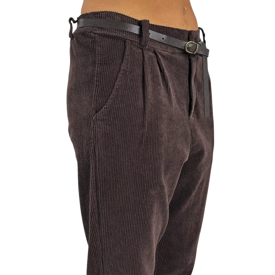 Bassini Pantaloni Donna Cioccolato in Velluto Balloon con Doppia Pince, Elastico in Vita e Cintura
