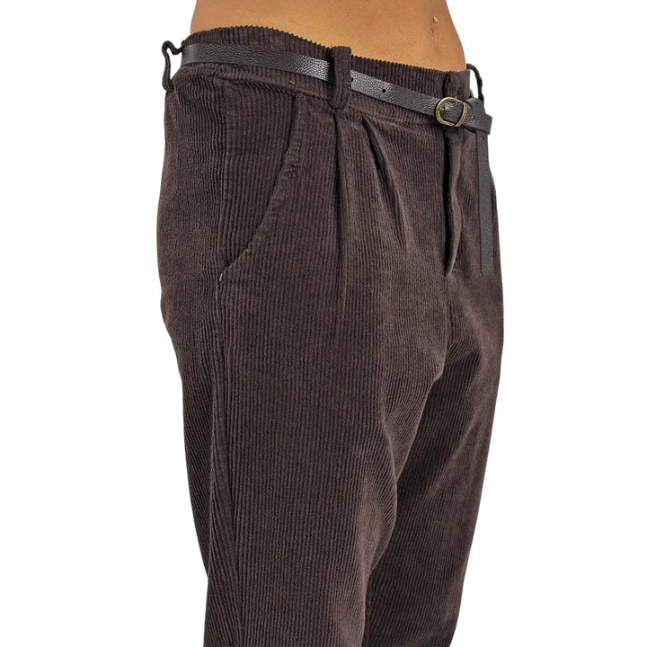 Bassini Pantaloni Donna Cioccolato in Velluto Balloon con Doppia Pince, Elastico in Vita e Cintura