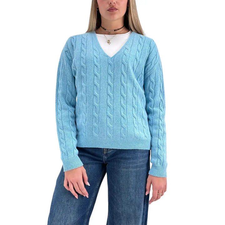 Bassini Maglia Donna Celeste a Treccia con Scollo a V e Maniche Raglan Oversize