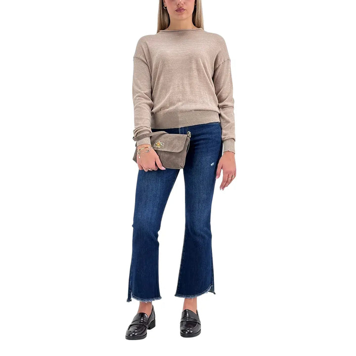 Bassini Maglia Donna Cammello Crop Over con Girocollo Orlato e Maniche Lunghe
