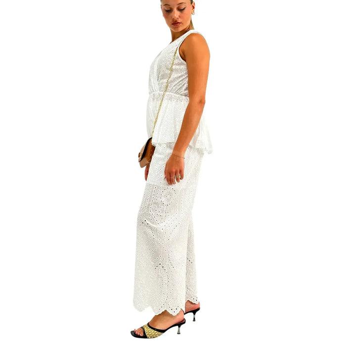Bassini Pantaloni Donna Bianchi Palazzo in Sangallo con Elastico in Vita