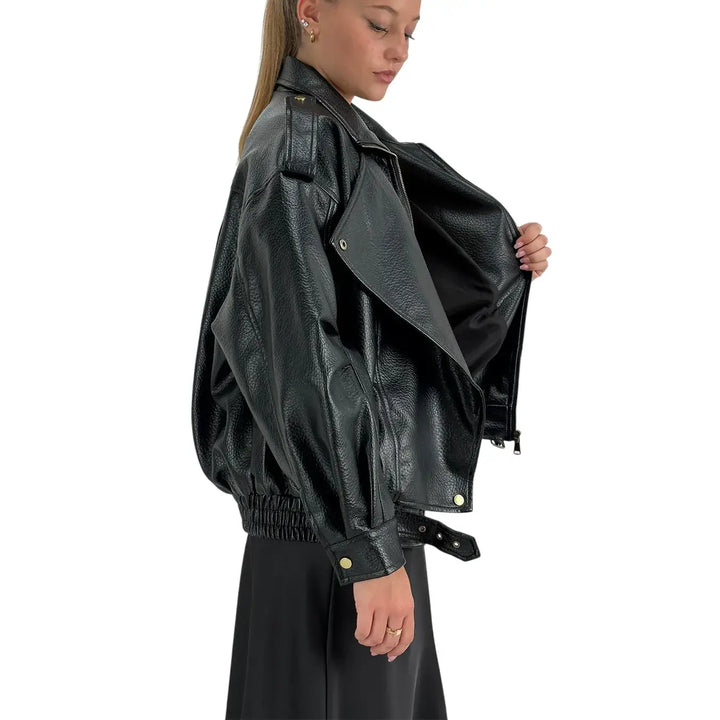 Bassini Bomber Donna Nero Oversize in Ecopelle Effetto Dollaro con Zip e Cintura in Vita