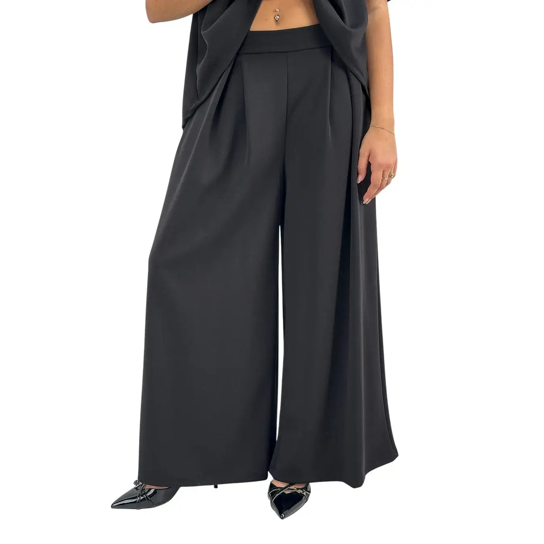 Bassini Pantaloni Donna Neri in Felpa Palazzo Over con Pince ed Elastico in Vita