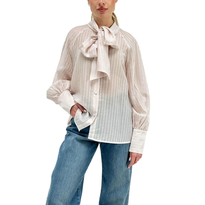 Tensione In Camicia Donna, Gessata, Maxi Fiocco, Beige