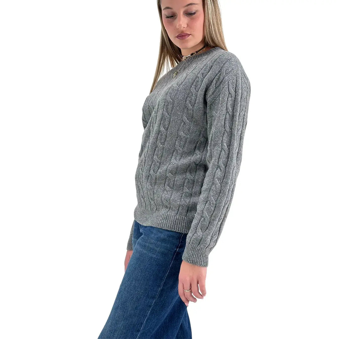 Bassini Maglia Donna Grigia a Treccia Girocollo con Maniche Raglan Oversize