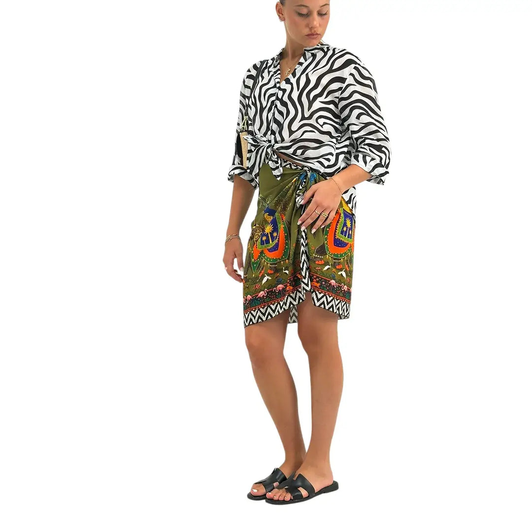 Motel Camicia Donna Zebra in Cotone con Collo Coreano, Nodo Frontale e Maniche Tre Quarti