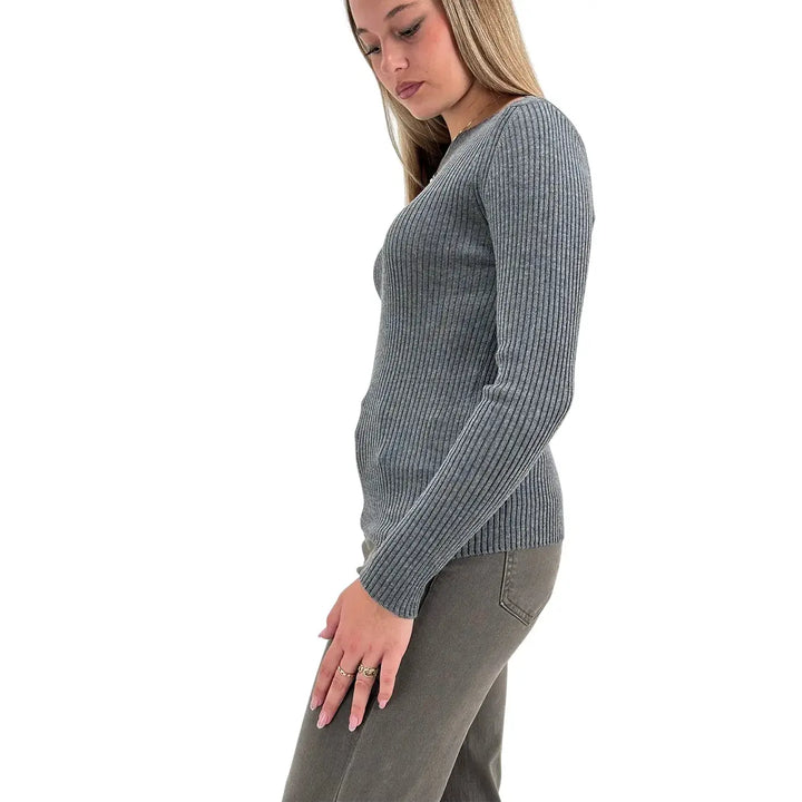 Bassini Maglia Donna Grigia a Coste con Girocollo e Maniche Lunghe