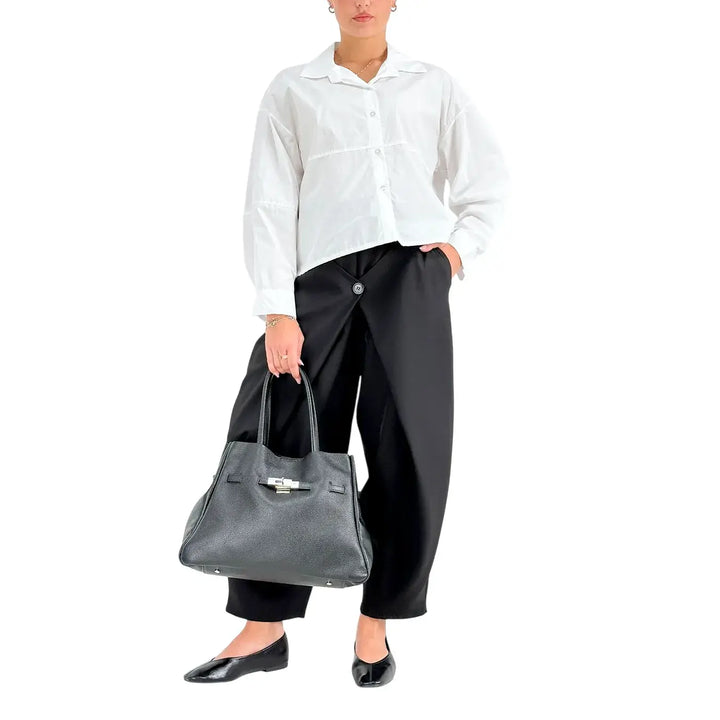 Bassini Pantaloni Donna Neri a Portafoglio con Elastico in Vita e Cintura in Ecopelle