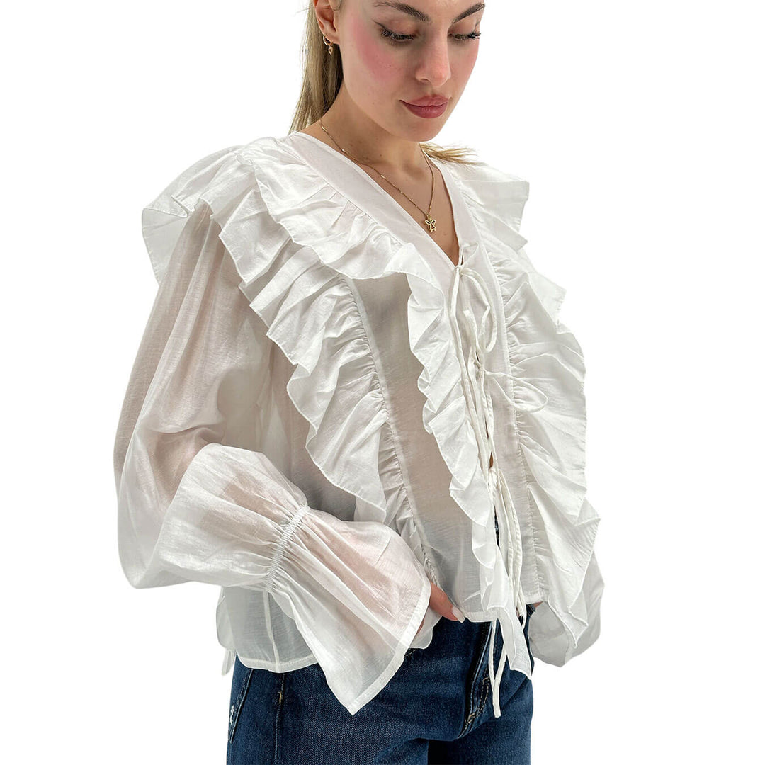 Kontatto Camicia Donna, Scollo a V, Ruches Decorative, Bianco