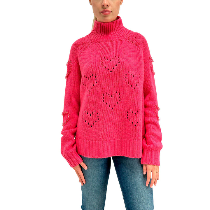 Mc2 Saint Barth Meghan Women's Sweater, Perforated Hearts, Wool, Fuchsia