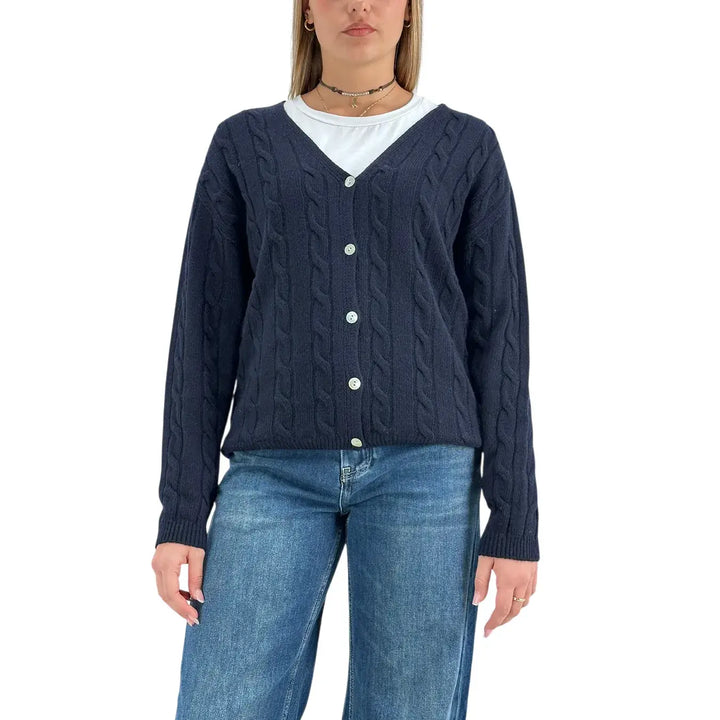 Bassini Cardigan Donna Nero a Treccia con Cinque Bottoni e Vestibilità Regolare